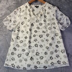 Talbots Petite Womens SP White Black Floral Semi Sheer Tie Neck Blouse‎